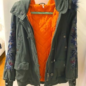 Free People Green Embroidered Parka Fur Jacket